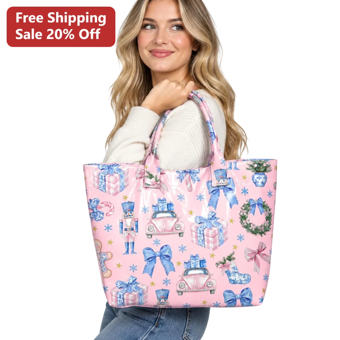 Pink Vintage Christmas Nutcracker Tote Bag Whimsical Pastel Holiday Gift for Women available at our Miami, Florida warehouse