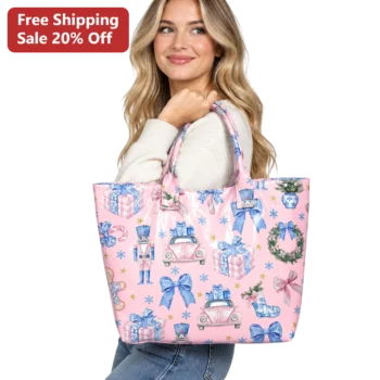 Pink Vintage Christmas Nutcracker Tote Bag Whimsical Pastel Holiday Gift for Women available at our Miami, Florida warehouse