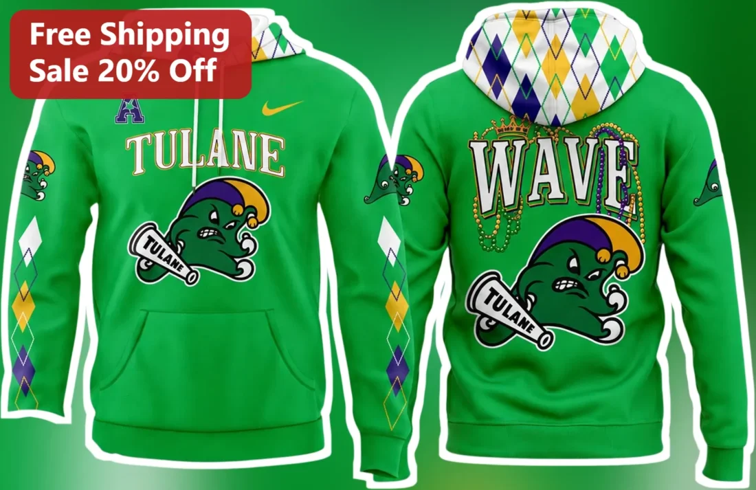 Tulane Wave Green Mascot Hoodie University Spirit Apparel available at our Miami, Florida warehouse