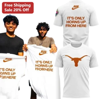 IT'S ONLY HORNS UP FROM HERE Tee Texas Longhorns Fan Graphic Shirt for Game Day available at our Miami, Florida warehouse