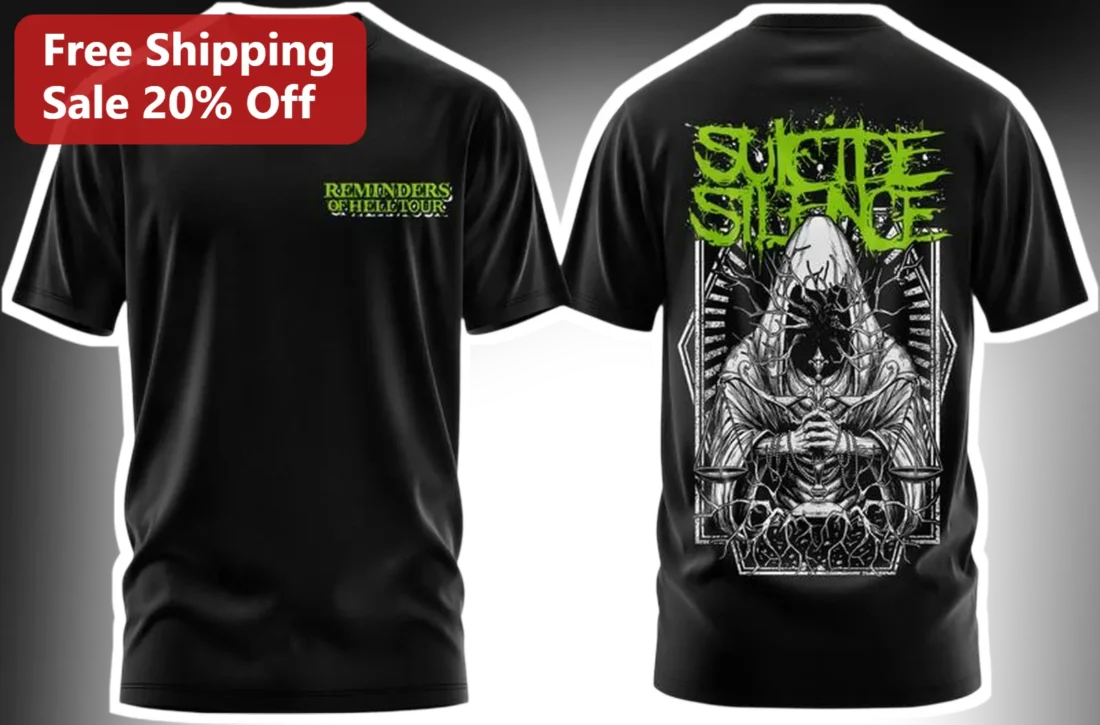 Suicide Silence Reminders Of Hell Tour Tee Deathcore Band Merch Shirt available at our Miami, Florida warehouse