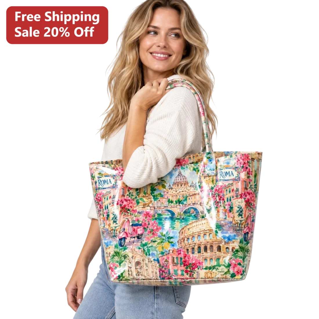 ROMA Tote Bag Watercolor Colosseum Vespa Italy Travel Souvenir Gift for Women available at our Miami, Florida warehouse