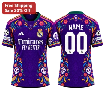 Emirates FLY BETTER Jersey Real Madrid Day of the Dead Sugar Skull Purple Soccer Shirt available at our Miami, Florida warehouse