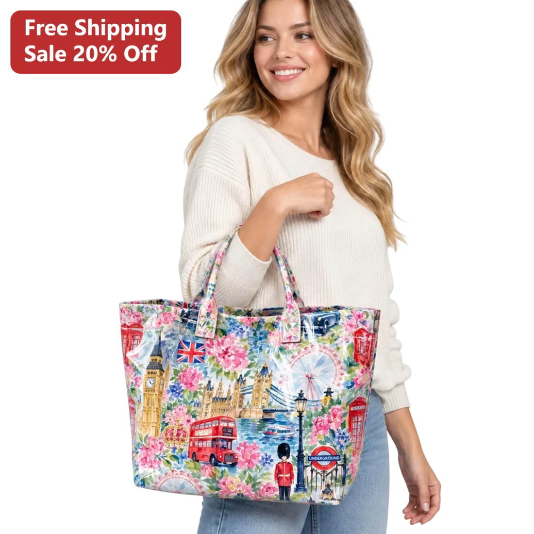Underground London Landmarks Watercolor Tote Bag for Travelers available at our Miami, Florida warehouse