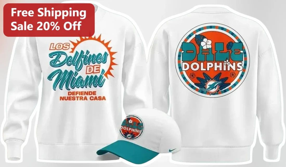 Los Delfines de Miami Defie Nuestra Casa Dale Dolphins Sweatshirt available at our Miami, Florida warehouse