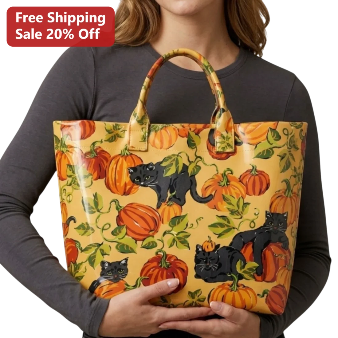 Black Cats and Pumpkins Halloween Tote Bag Cute Fall Gift for Cat Lovers available at our Miami, Florida warehouse