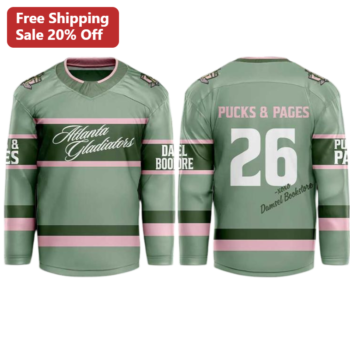 Atlanta Gladiators Pucks Pages Jersey ECHL Hockey Fan Gear Personalized Name Number Gift available at our Miami, Florida warehouse