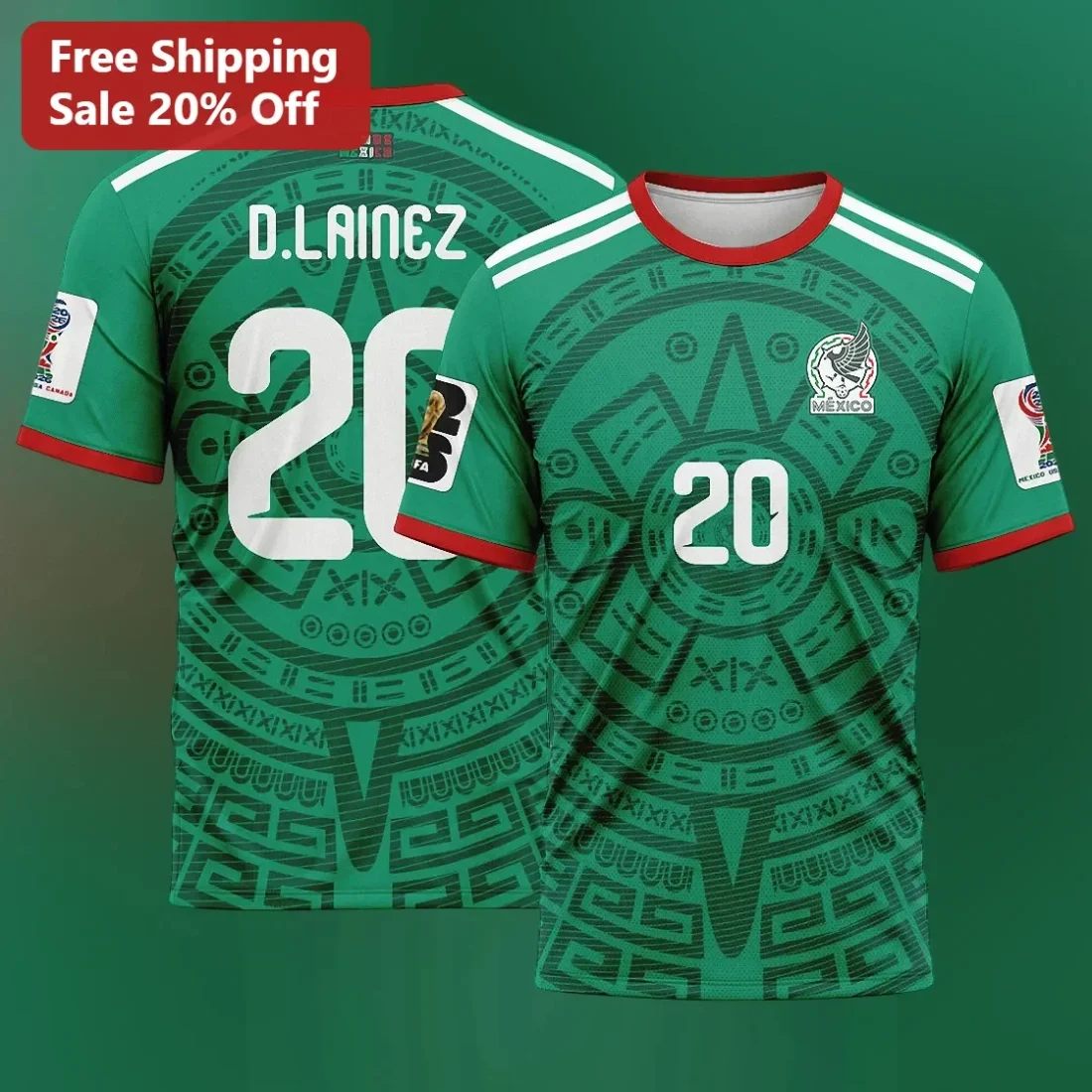 Mexico Jersey Diego Lainez Custom Name Soccer Shirt Aztec Calendar Design available at our Miami, Florida warehouse