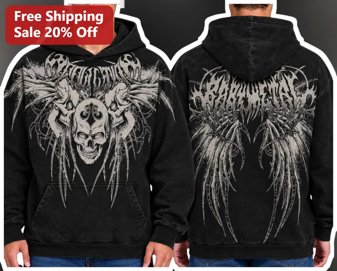 Gothic Skull Tribal Print Hoodie Heavy Metal Acid Wash Sweatshirt for Men available at our Miami, Florida warehouse