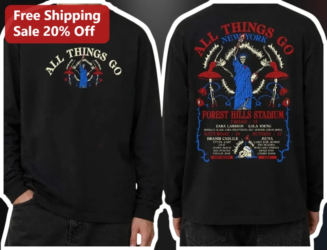 All Things Go New York Sweatshirt Statue of Liberty Skeleton Ballerina Vintage Music Festival Merch available at our Miami, Florida warehouse