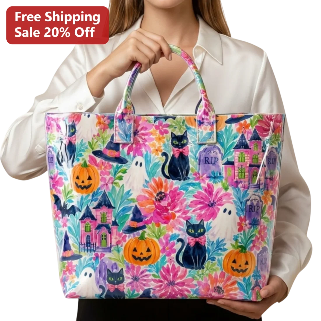 RIP Tote Bag Cute Halloween Watercolor Ghost Pumpkin Floral Spooky Season Gift for Women available at our Miami, Florida warehouse