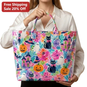 RIP Tote Bag Cute Halloween Watercolor Ghost Pumpkin Floral Spooky Season Gift for Women available at our Miami, Florida warehouse