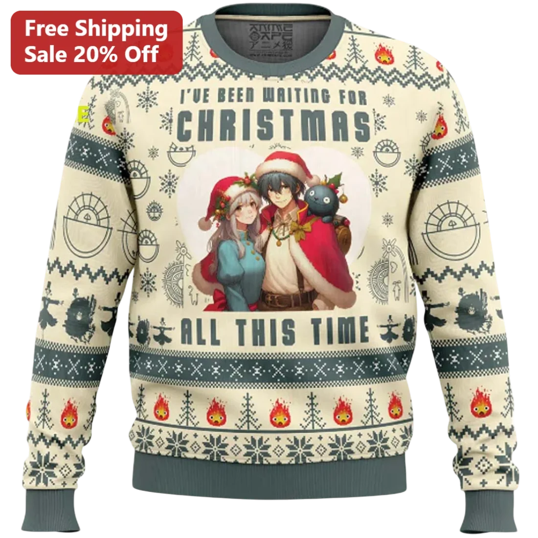 I've Been Waiting for Christmas All This Time Howl and Sophie Ugly Christmas Sweatshirt, Studio Ghib available at our Miami, Florida warehouse