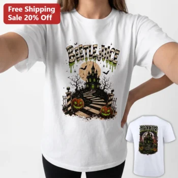 Beetlejuice Halloween Tee Haunted House Graveyard Graphic T-Shirt, Spooky Season Horror Movie Fan Gi available at our Miami, Florida warehouse