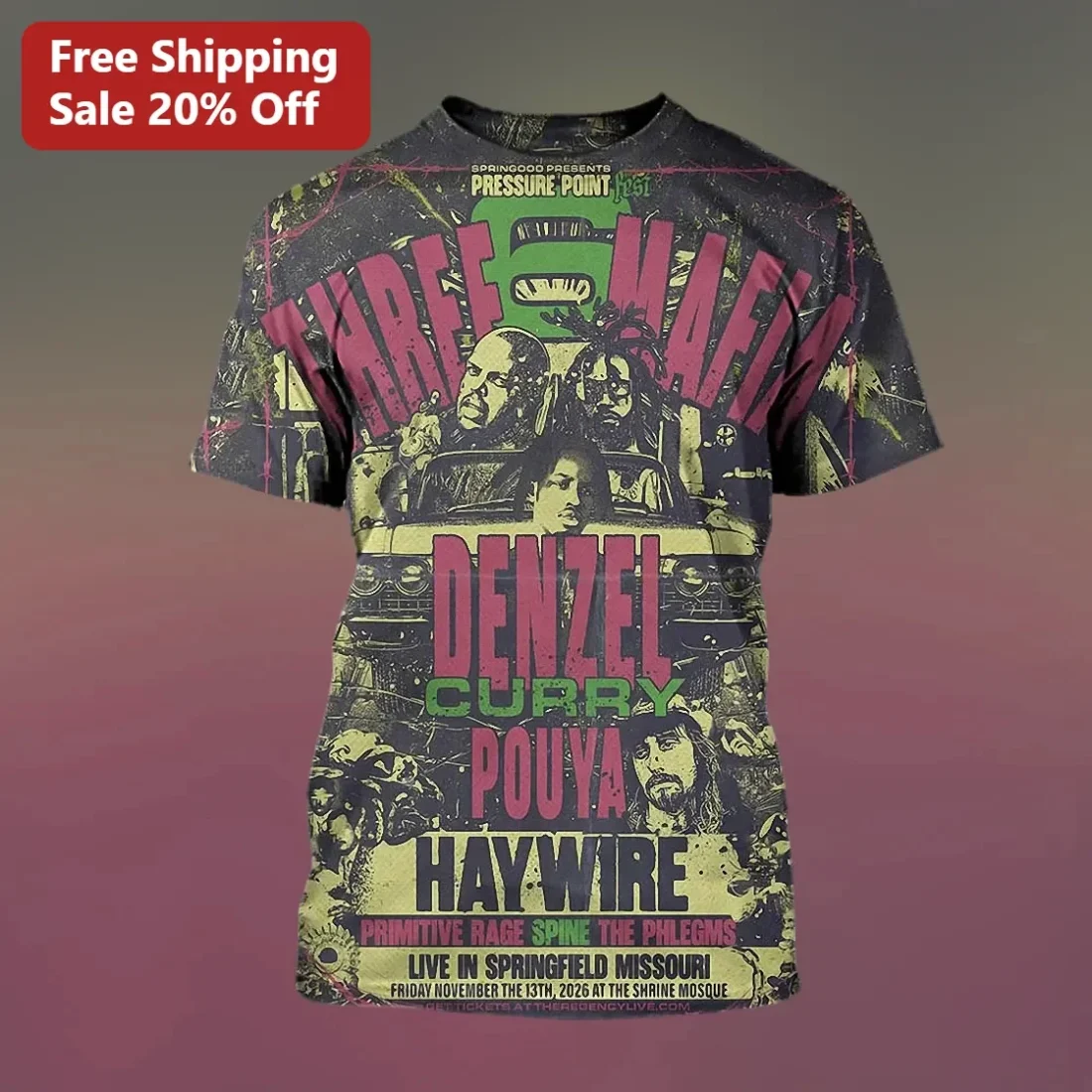 Three 6 Mafia Denzel Curry Pouya Haywire Vintage Concert Poster Graphic Tee Hip Hop Rap Merch available at our Miami, Florida warehouse