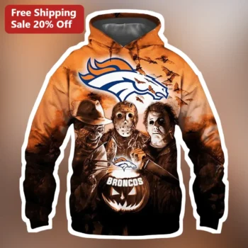 Denver Broncos Halloween Horror Movie Villains Hoodie available at our Miami, Florida warehouse