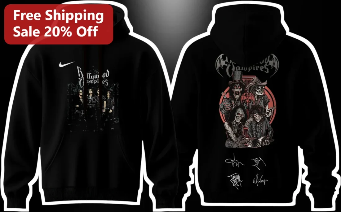 Hollywood Vampires Hoodie Gothic Rock Band Merch Skeleton Art Apparel Gift for Fans available at our Miami, Florida warehouse