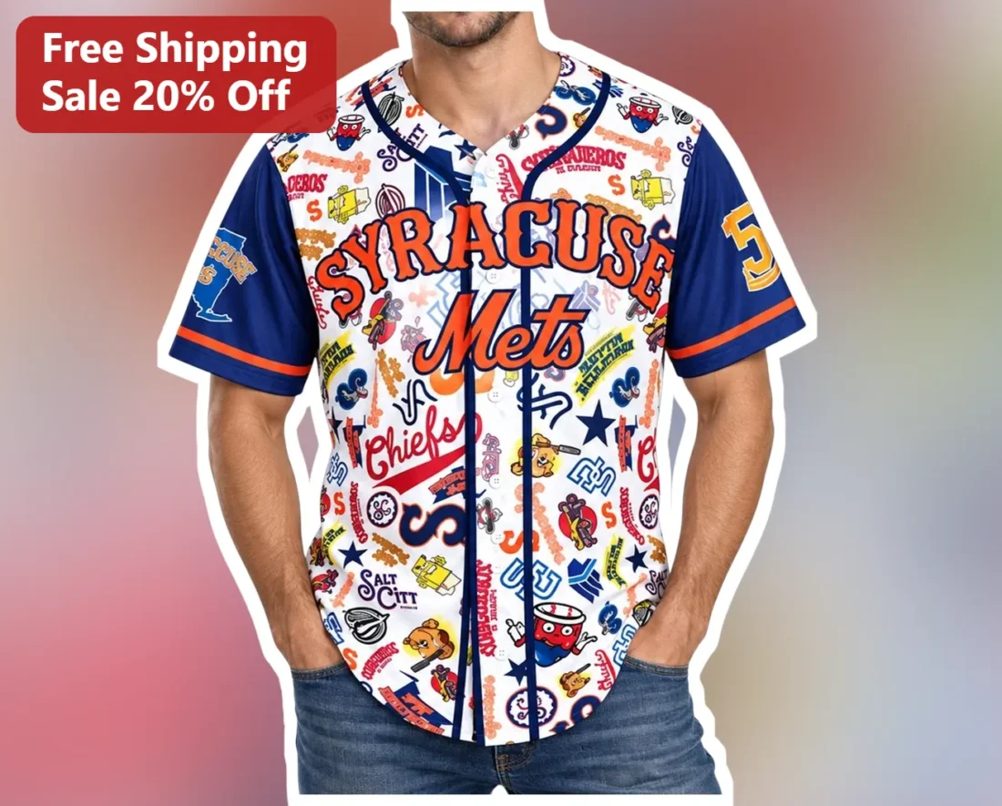 Syracuse Mets Baseball Jersey Vintage Salt City Collage Button Up Replica for Men available at our Miami, Florida warehouse