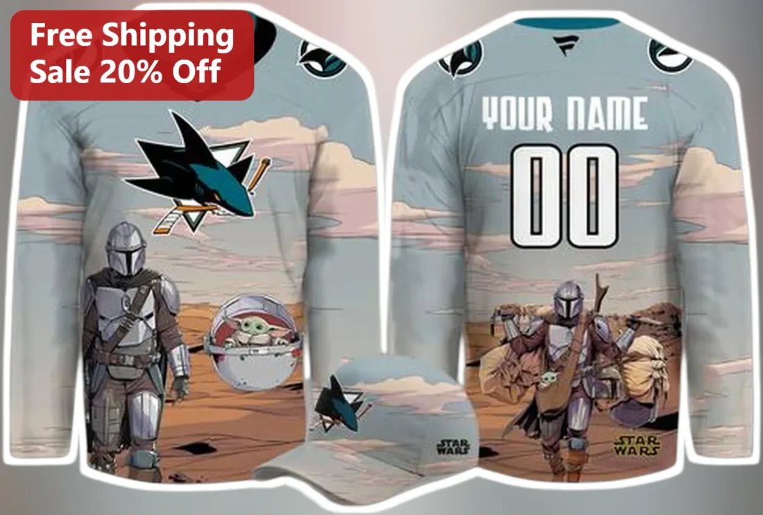 Star Wars The Mandalorian San Jose Sharks Hockey Jersey Custom Name Number available at our Miami, Florida warehouse