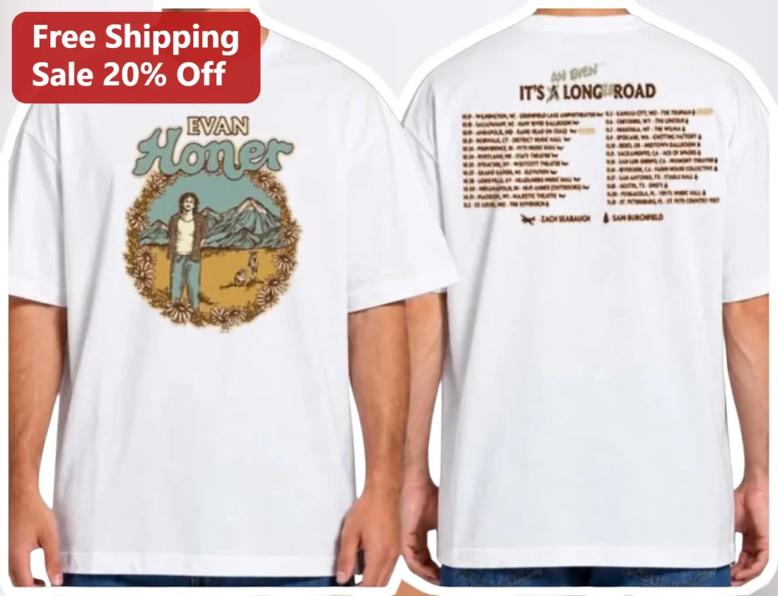 Evan Homer An Even It's A Long Road Tour Merch Graphic Tee available at our Miami, Florida warehouse
