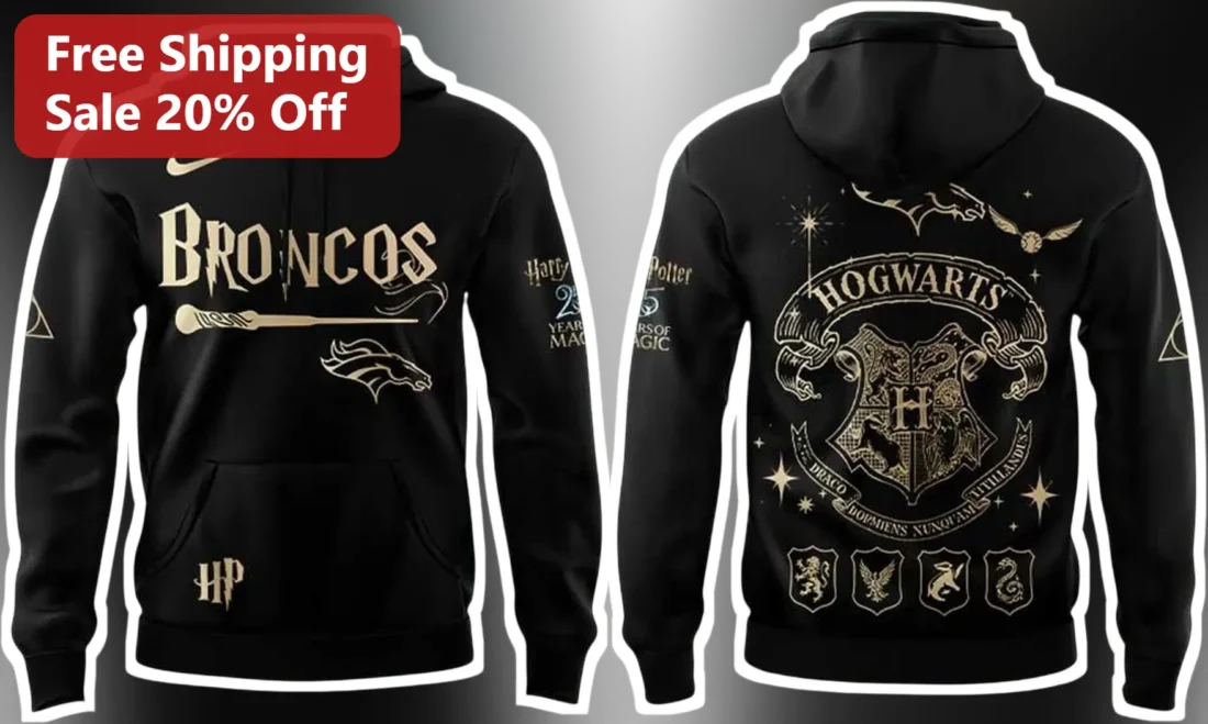 Broncos Hogwarts Hoodie Harry Potter Denver Broncos NFL Fan Gift Black Pullover Sweatshirt available at our Miami, Florida warehouse