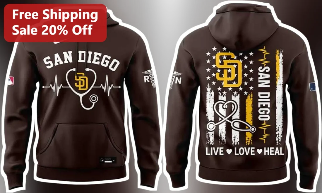 San Diego Live Love Heal Hoodie Healthcare Nurse Gift Stethoscope Heart Design available at our Miami, Florida warehouse