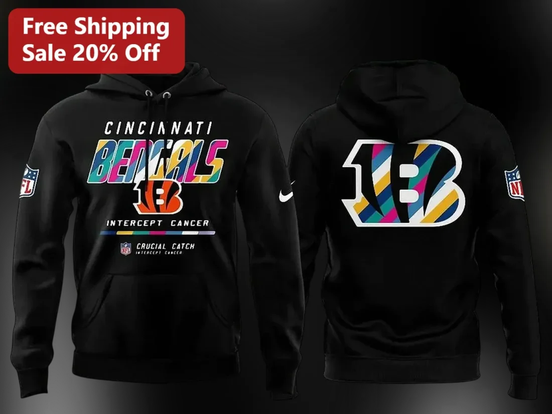Cincinnati Bengals Intercept Cancer Crucial Catch Hoodie NFL Awareness Fan Gear available at our Miami, Florida warehouse
