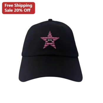Pink Brick Star Cap Black Baseball Hat with Cartoon Eyes Novelty Streetwear Gift for LEGO Fans available at our Miami, Florida warehouse