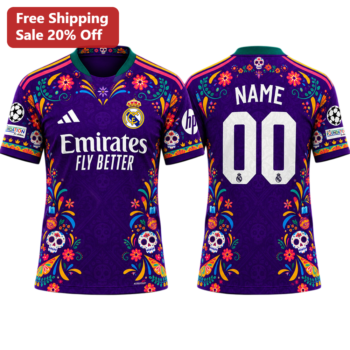 Emirates FLY BETTER Jersey Real Madrid Dia De Los Muertos Sugar Skull Purple Soccer Shirt available at our Miami, Florida warehouse