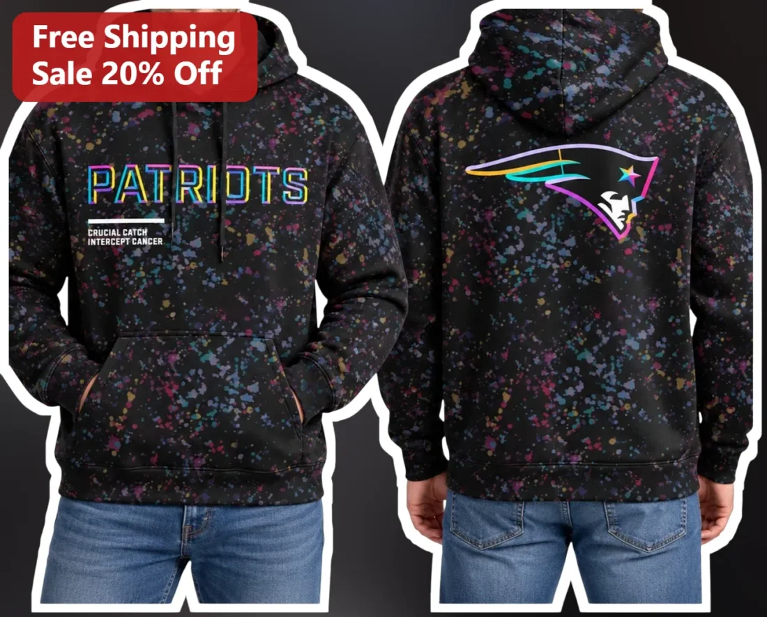 Patriots Crucial Catch Intercept Cancer Hoodie NFL Awareness Paint Splatter Pullover available at our Miami, Florida warehouse