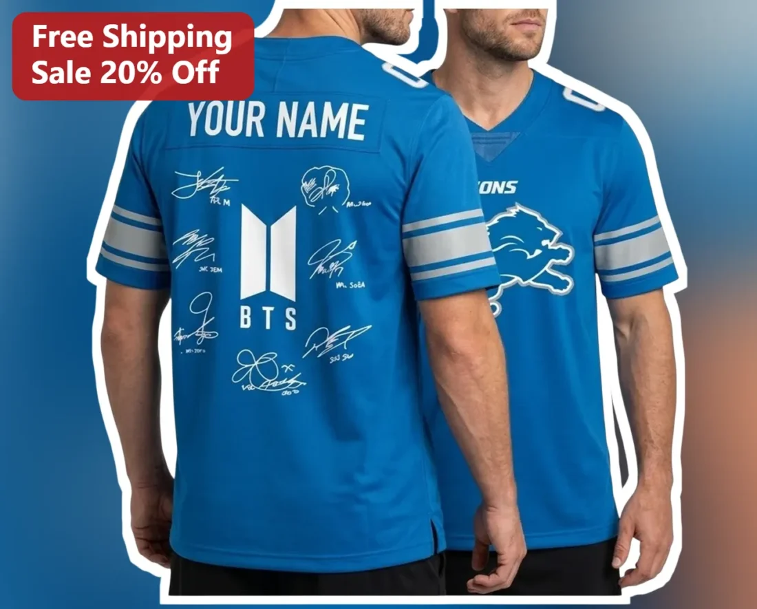 BTS Football Jersey Style Tee Signature of BTS Members Detroit Lions Mashup Kpop ARMY Gift available at our Miami, Florida warehouse