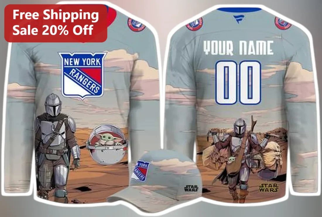 New York Rangers Hockey Jersey The Mandalorian Grogu Star Wars Mashup Fan Gear available at our Miami, Florida warehouse