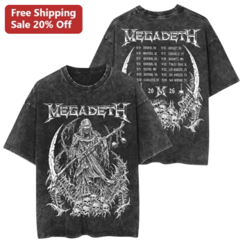 MEGADETH Vic Rattlehead Skull Graphic Tee Heavy Metal Band Merch Vintage Thrash Rock Shirt for Men available at our Miami, Florida warehouse
