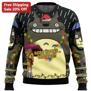 Here Comes The Bus Totoro Ugly Christmas Sweater, My Neighbor Totoro Anime Christmas Gift For Studio available at our Miami, Florida warehouse