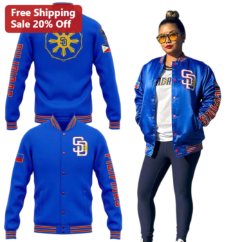 Blue Varsity Jacket Royal Blue Satin Sporty Bomber Retro Athletic Outerwear for Women Men available at our Miami, Florida warehouse