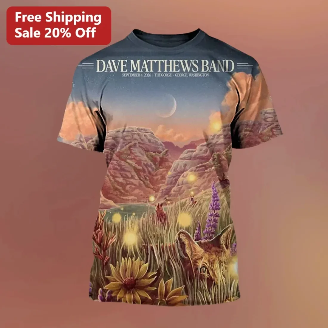 Dave Matthews Band Tee Surreal Mountain Fox Landscape Graphic Shirt for Music Fans available at our Miami, Florida warehouse