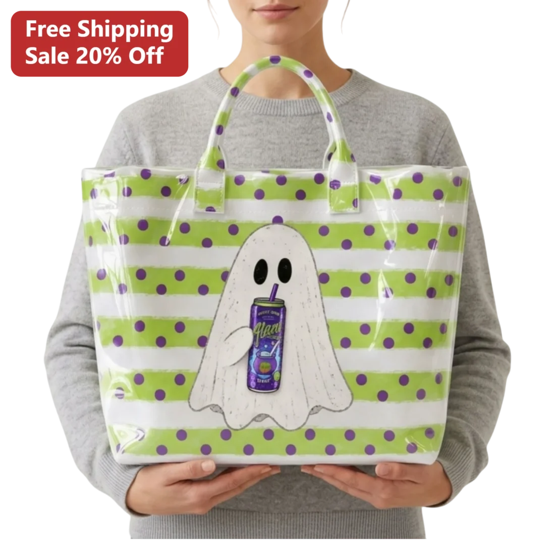 Ghost Drinking Potion Tote Bag Halloween Spooky Cute Clear Vinyl Purse Gift available at our Miami, Florida warehouse