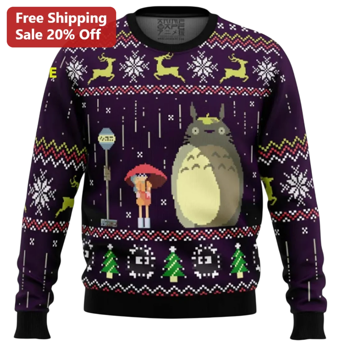 Totoro Ugly Christmas Sweater My Neighbor Totoro Bus Stop Pixel Art Studio Ghibli Holiday Sweater Gi available at our Miami, Florida warehouse