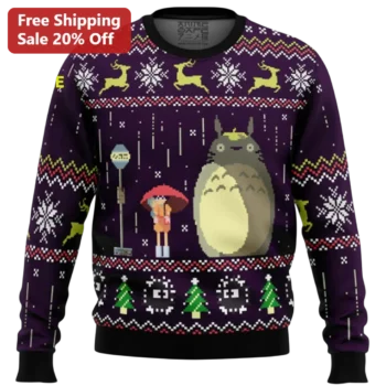 Totoro Ugly Christmas Sweater My Neighbor Totoro Bus Stop Pixel Art Studio Ghibli Holiday Sweater Gi available at our Miami, Florida warehouse