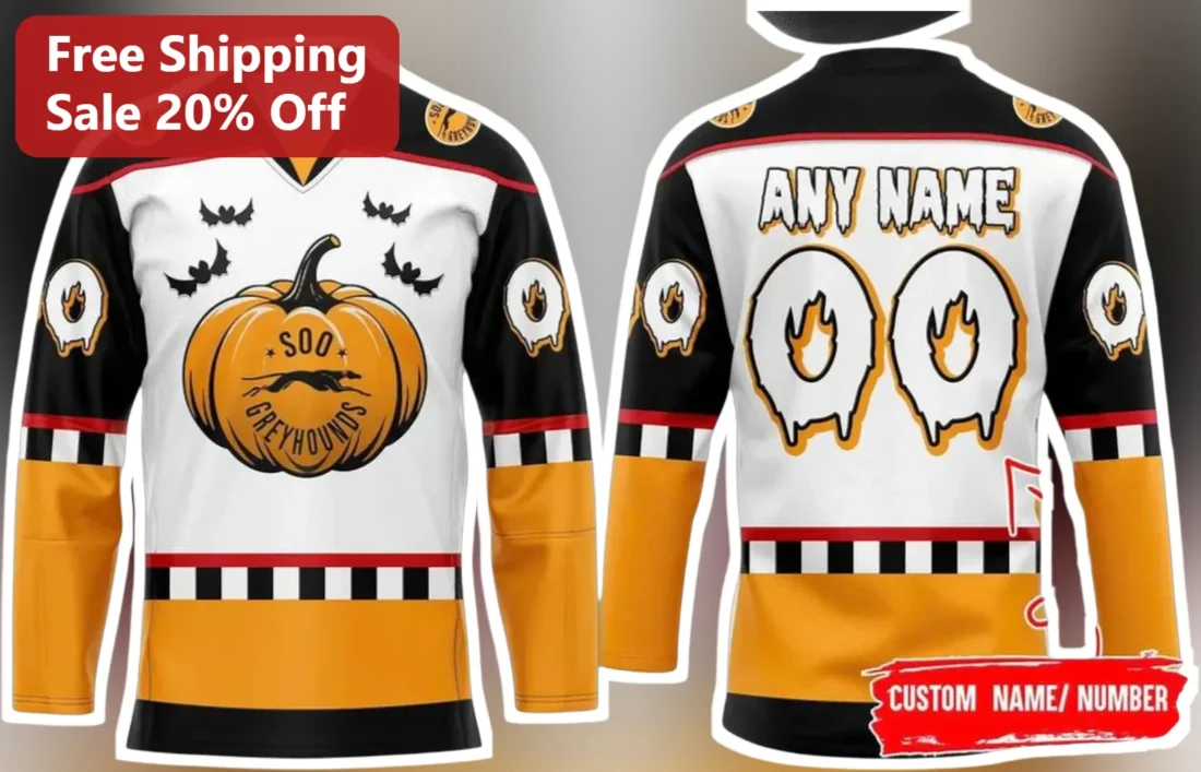 Soo Greyhounds Hockey Jersey Halloween Pumpkin Design Custom Name Number OHL Fan Apparel available at our Miami, Florida warehouse