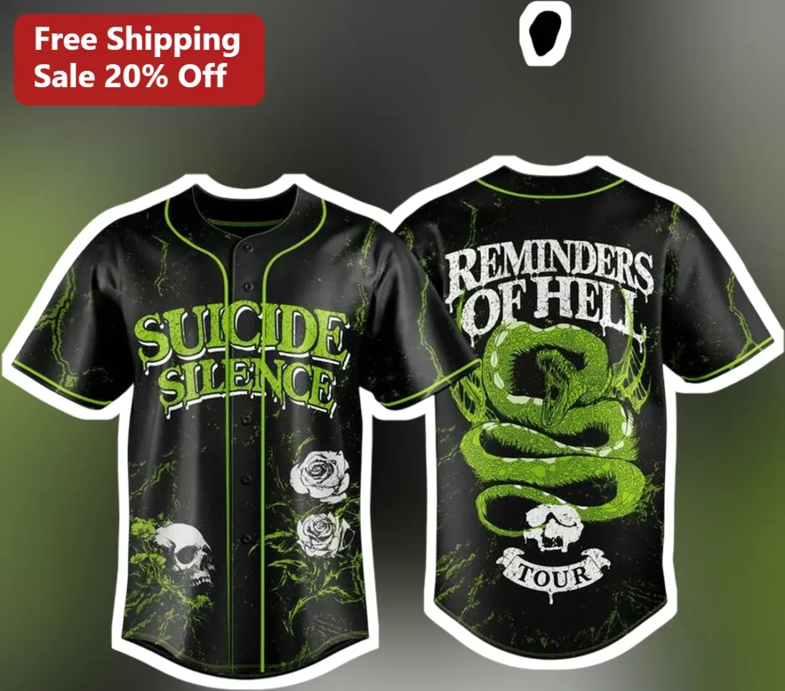 Suicide Silence Reminders Of Hell Tour Baseball Jersey Metalcore Band Merch available at our Miami, Florida warehouse