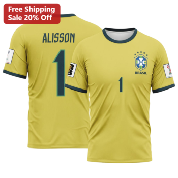 BRASIL Tee Alisson Becker Soccer Jersey Graphic T-Shirt for Men Women Fans available at our Miami, Florida warehouse
