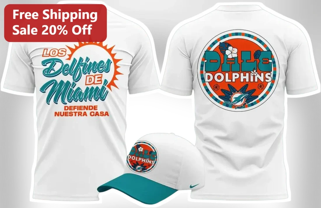 Los Delfines de Miami Defiende Nuestra Casa Dale Dolphins Tee available at our Miami, Florida warehouse