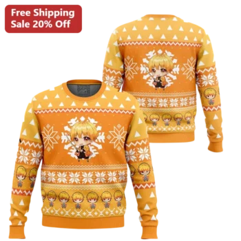 Zenitsu Agatsuma Ugly Christmas Sweatshirt Demon Slayer Kimetsu No Yaiba Kawaii Chibi Anime Holiday available at our Miami, Florida warehouse