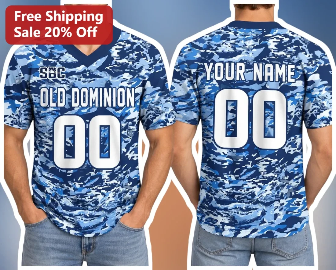 Old Dominion University Monarchs Blue Digital Camo V-Neck Jersey Tee available at our Miami, Florida warehouse