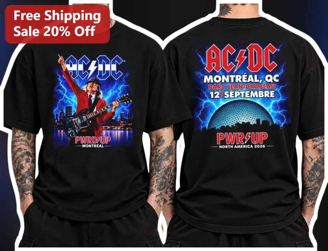 AC/DC PWR UP Montreal Angus Young Graphic Tee available at our Miami, Florida warehouse