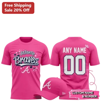 Atlanta Braves Tee Pink Custom Name Number Baseball Shirt for Women available at our Miami, Florida warehouse