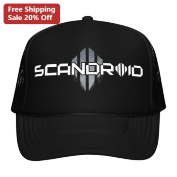 SCANDROID Trucker Hat Synthwave Industrial Music Fan Gear Black Foam Front Mesh Back Cap available at our Miami, Florida warehouse