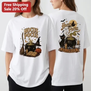 Hocus Pocus Halloween Tee Vintage Witch Cauldron and Black Cat Spooky Season Shirt available at our Miami, Florida warehouse