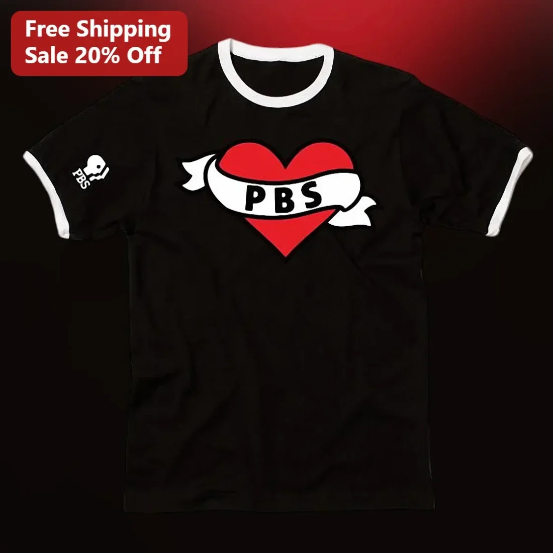 PBS Heart Logo Graphic Tee Retro Public Broadcasting Service Shirt for TV Fans available at our Miami, Florida warehouse